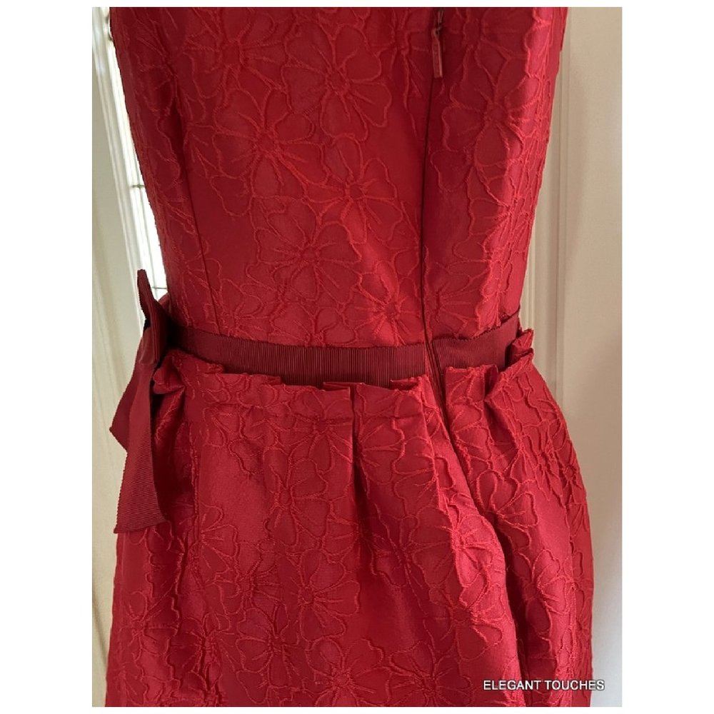 Carolina Herrera Red Bow Sleeveless Cocktail Dress 12 Ribbon Waist Floral Satin - Picture 9 of 14